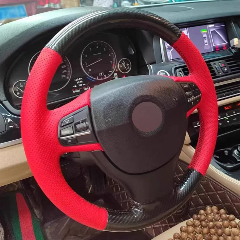 

Carbon Fiber with Red Perforated Leather Hand Sewing Steering Wheel Cover for BMW 5 Series 7 Series 520li 523 525 528 2009-2017