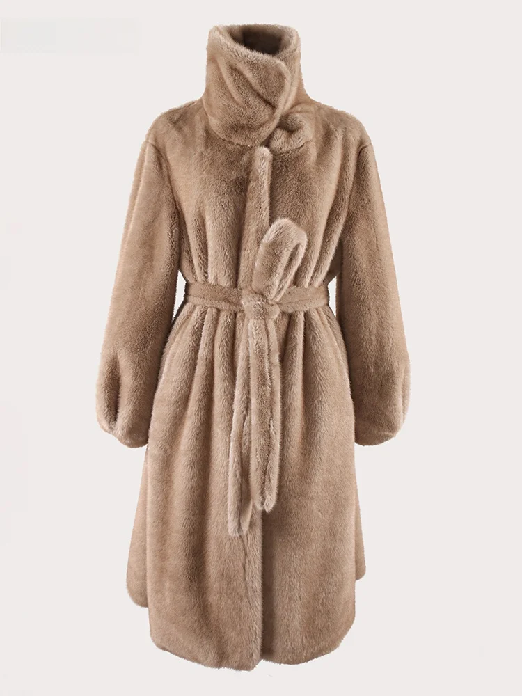 

Женское пальто Nerazzurri из искусственного меха свободного кроя с поясом и воротником, зимнее, пушистое, плюшевое, в корейском стиле, с длинными рукавами, миди-пальто