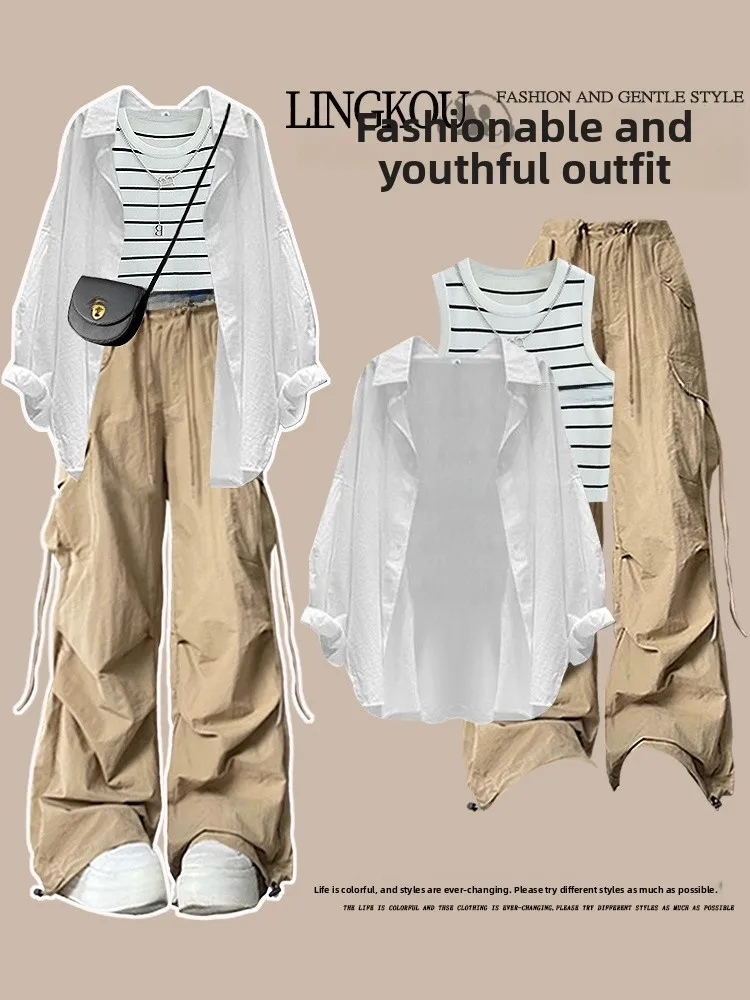 Large Size Commute Sun Protection Set Stripe Vest Versatile Sunscreen Shirt Slimming Workwear Casual Pants Fashionable Ensemble
