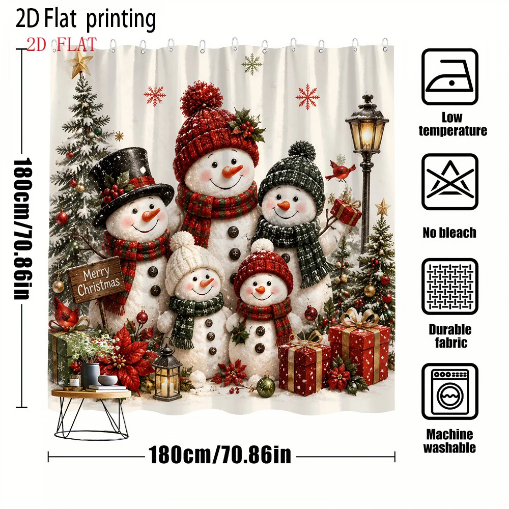 2D Flat, 2D Flat, 1pc 2D Flat Large Size Shower Curtain with Christmas Snowman Family Design, Vintage Country Christmas Tree, Street Light, Red Cardinal Winter Holiday Pattern Bathroom Decoration