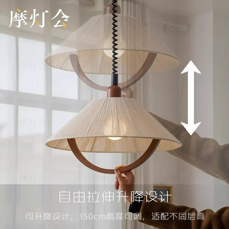 Middle Aged Cotton and Linen Japanese Style Chandelier Retractable Bedroom Study Wooden Art Adjustable Dining Room Pendant Light