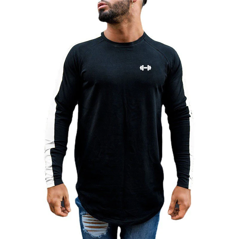 

Мужские облегающие топы с длинными рукавами для фитнеса, модная рубашка контрастных цветов, осенняя хлопковая дышащая футболка, одежда для спортзала, бодибилдинга