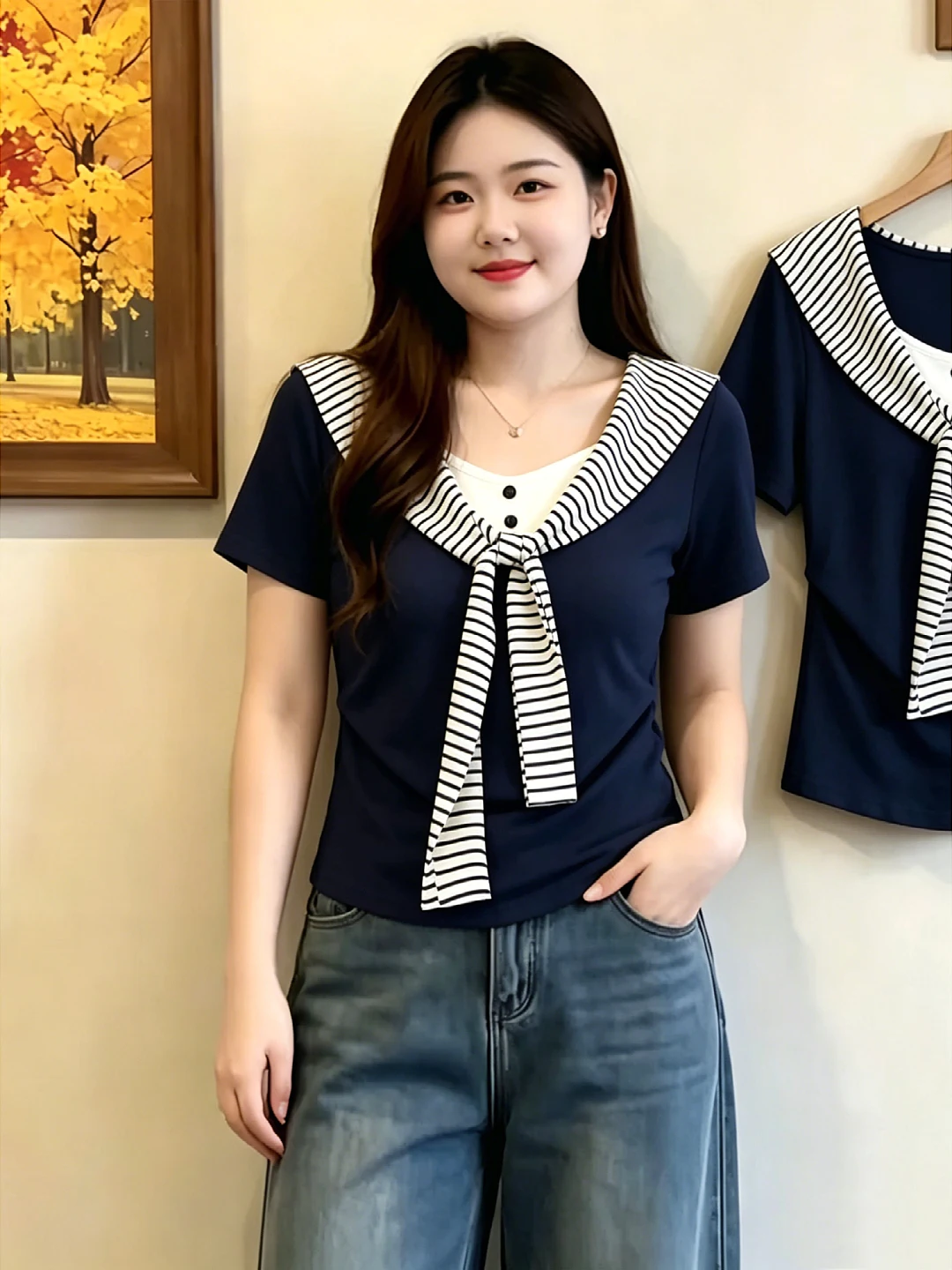 plus Size Korean Striped Shoulder T-Shirt Short Sleeve Fake Two-Piece Slimming Waist Trendy Summer New Style Women's Top