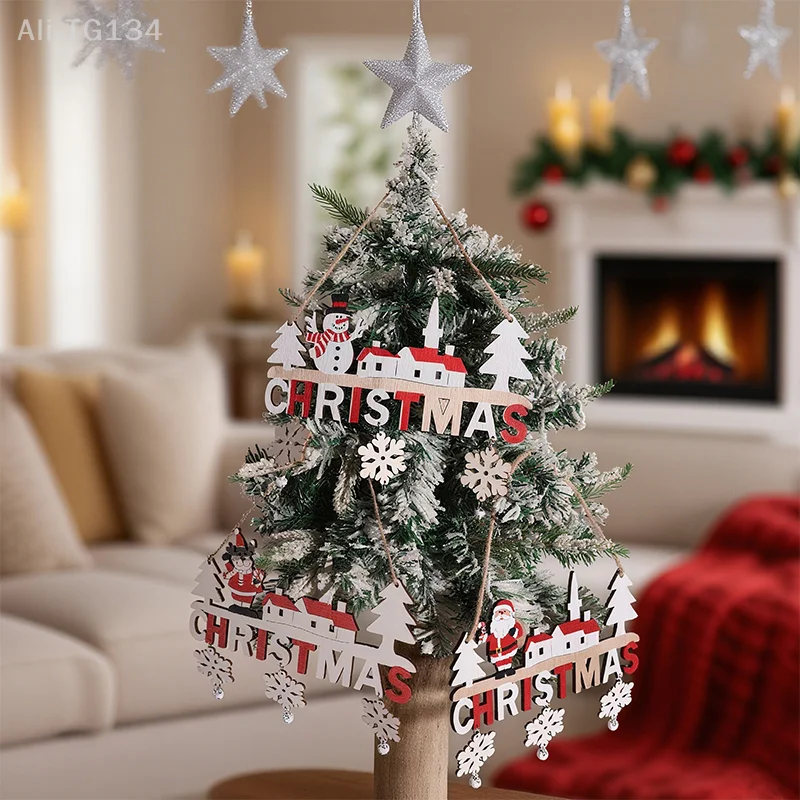زخرفة شجرة عيد الميلاد المعلقة؛ تصميم سانتا والأيائل؛ ديكور جدار أو بوابة مصنوع من الخشب؛ قلادة رجل الثلج الاحتفالي SHIDWJ