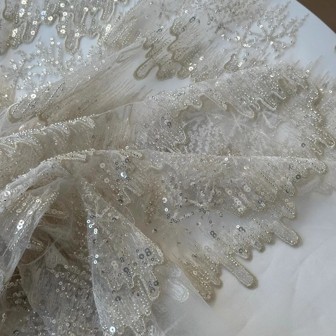 

1 yard Silver nail bead sequin embroidery fabric for clothing Designer customized wedding dress cheongsam materials mesh fabric