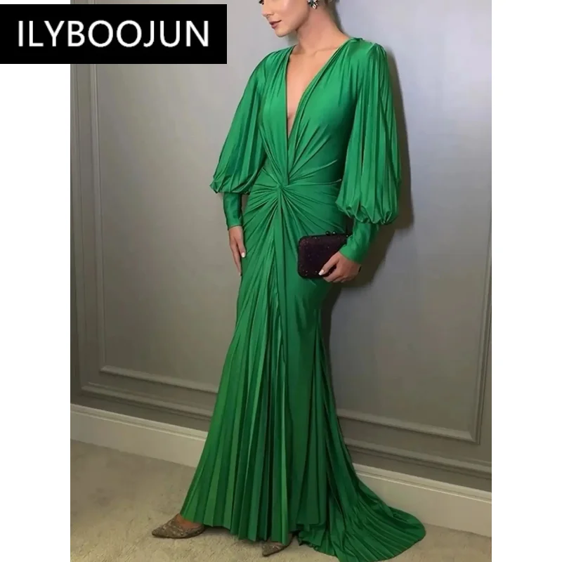 New Women Luxury Sexy Deep V Neck Satin Green Maxi Dresses Elegant Evening Party Club Dress vestidos largos