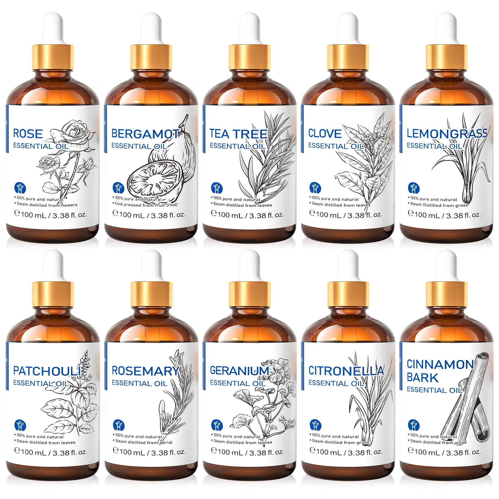 HIQILI 100% Tea Tree Essential Oil 100ml for Aromatherapy Massage DIY Beauty Skin Hair Relaxation Lavender Ginger Sandalwood​​