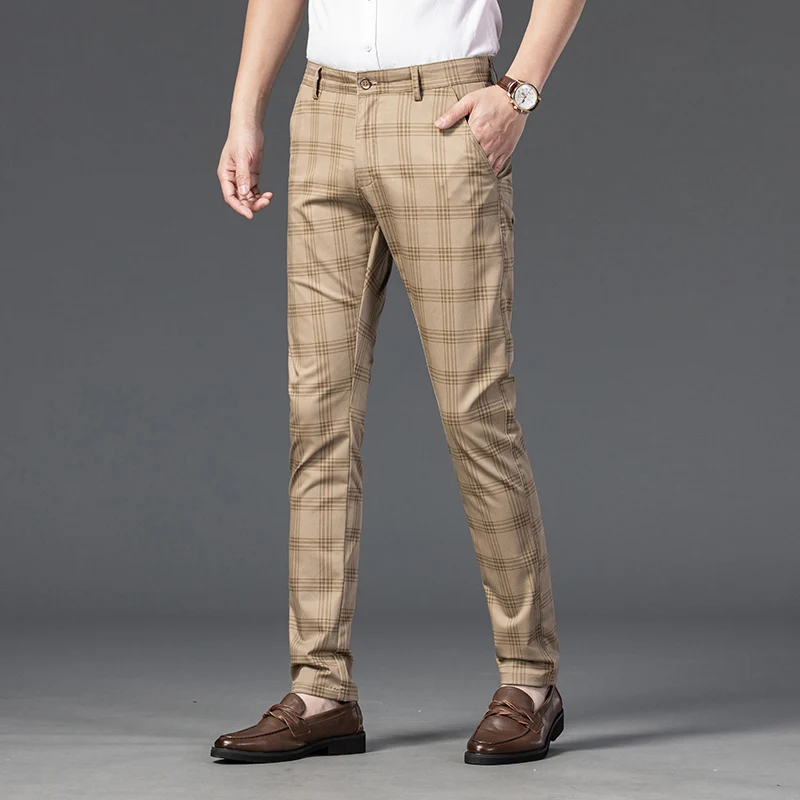 Summer Ultra-thin Brand Men\'s Fashion Stripe Plaid Casual Pants Men High Quality Business Trousers Men\'s Slim Gray Straight Pant
