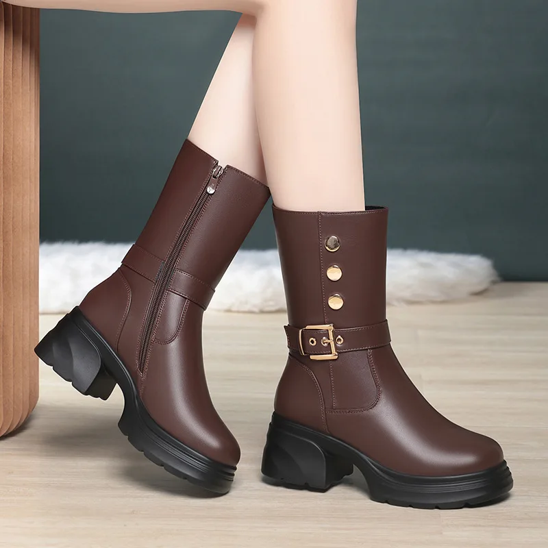 

6cm Comfortable Elegant Women's Shoes Winter Soft Leather Boots 2025 Block Heels Buckle Rivet Mid Leg Warm Fur Boots Office Mom