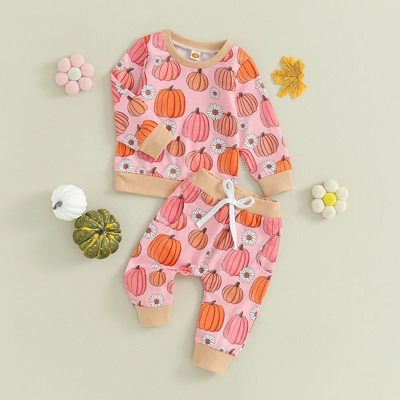 

Baby Girl Fall Outfit Flower Pumpkin Print Long Sleeve Round Neck Sweatshirts Long Pants 2Pcs Halloween Clothes Set