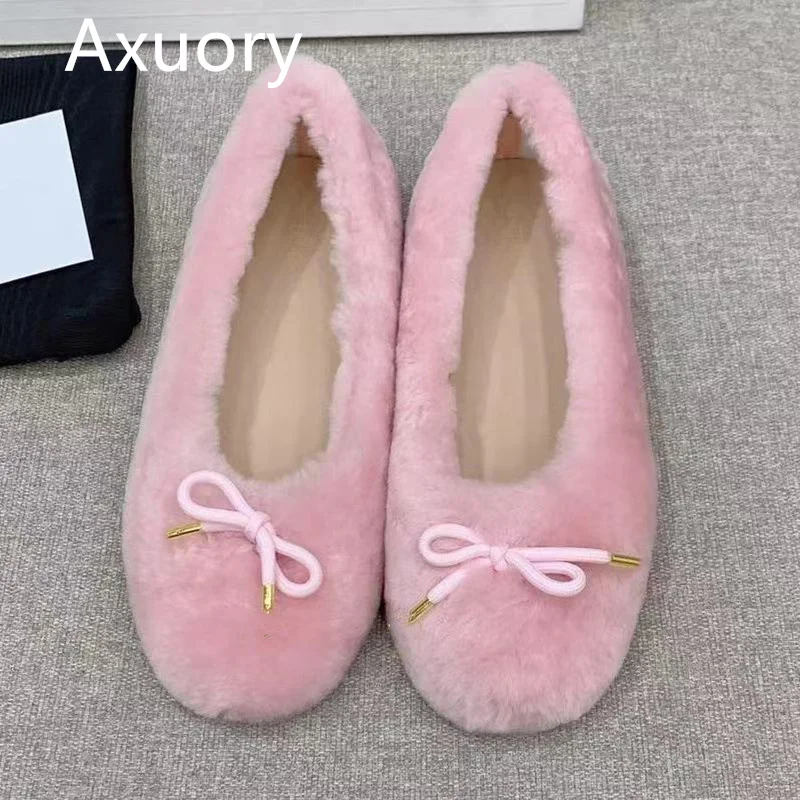 

Winter Women's Plush Flat Shoes Solid Color Warm and Comfortable Genuine Leather Sole High Quality Round head Cute Style