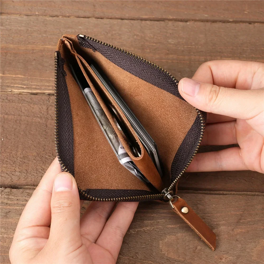 Portafoglio da uomo in vera pelle con cerniera Borsa porta carte semplice Portafoglio da lavoro Portamonete portatile in pelle di vacchetta di primo strato
