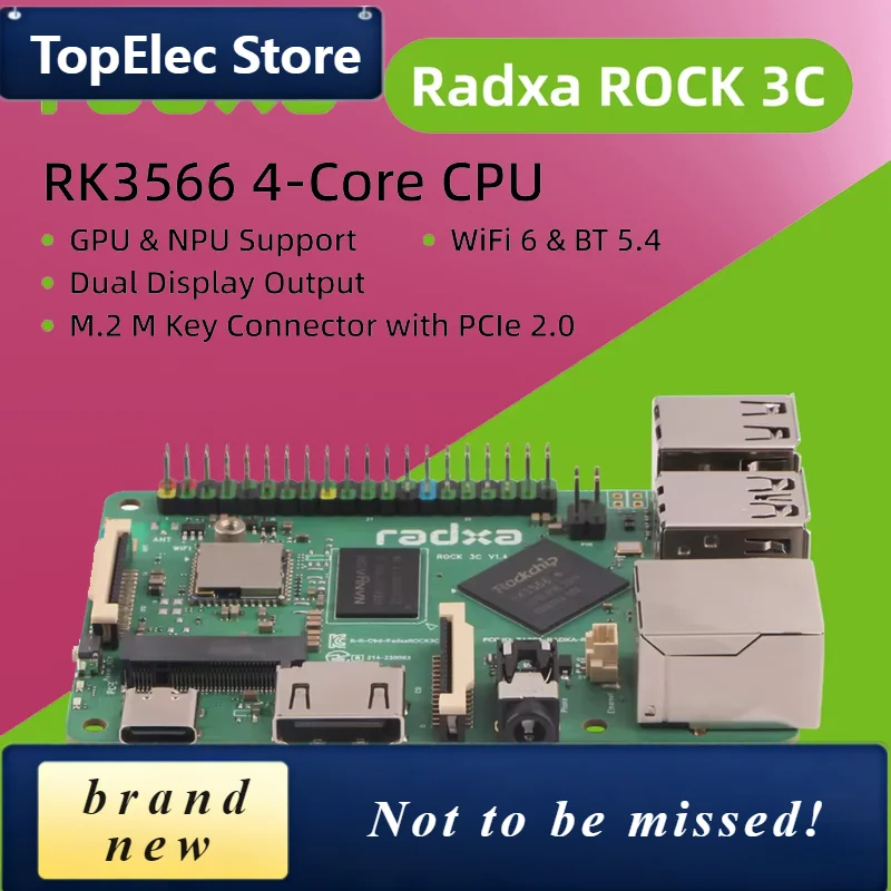 TopElec RADXA Rock Pi 3C RK3566 Quad-core Cortex A55 Board 32bit 3200Mb/s LPDDR4 Supports Raspberry Pi Replacement