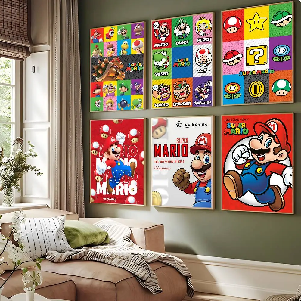 Super Cartoon M-Mario B-Bros Movie Sticky Posters Fancy Wall Sticker for Living Room Bar Decoration Vintage Decorative Painting