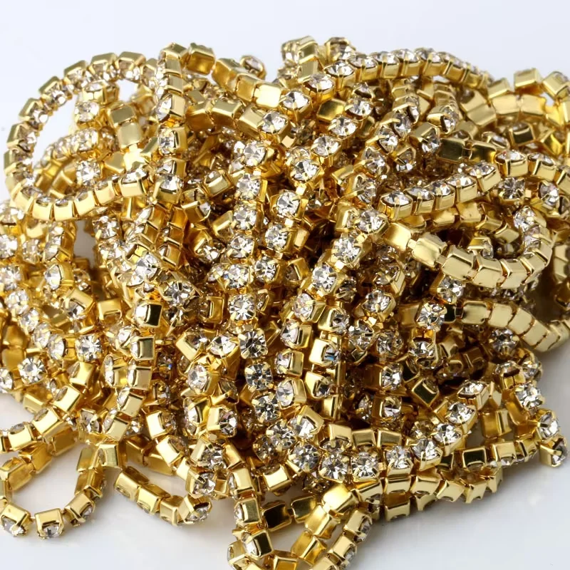 10m Goldboden Glitzer-Glas-Kristall-Strass-Kette zum Aufnähen für DIY-Schmuck, Näharbeiten und Bekleidungszubehör – Detail 16