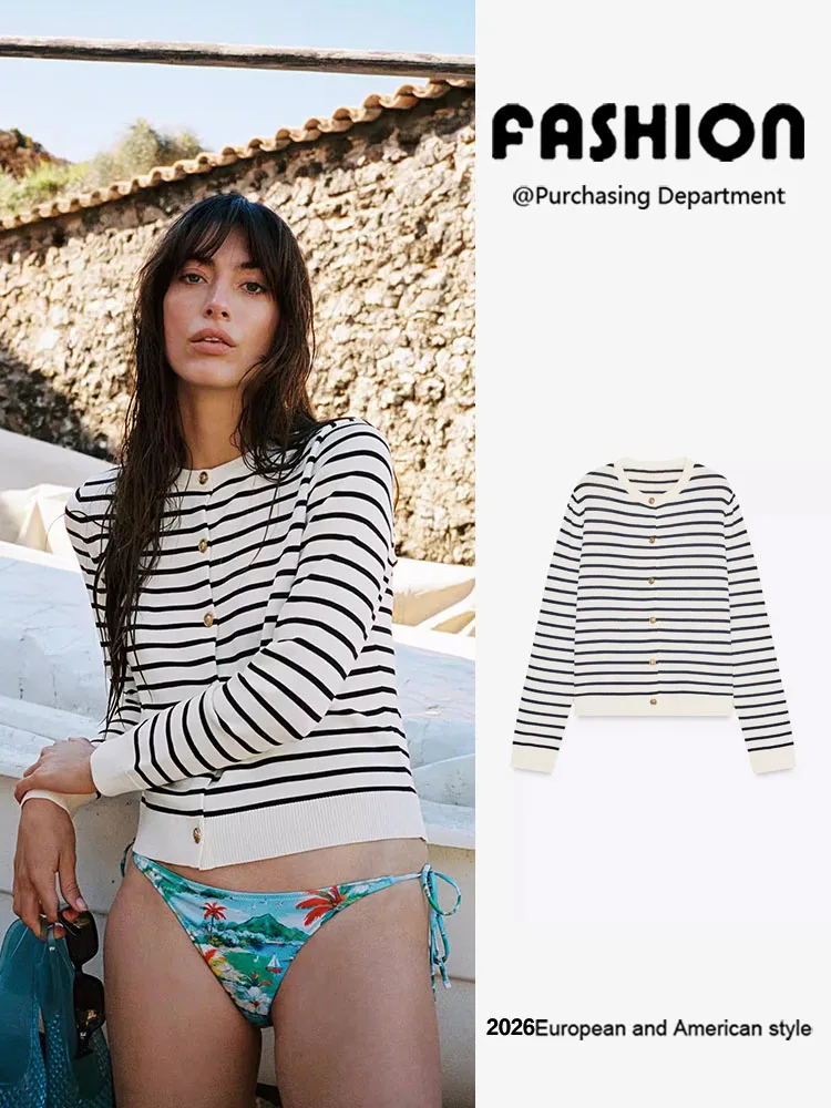 Spring New Arrival Women's Knitted Long Sleeve round Neck Stripe Jacket Versatile Elegant Simple Style Short Outerwear