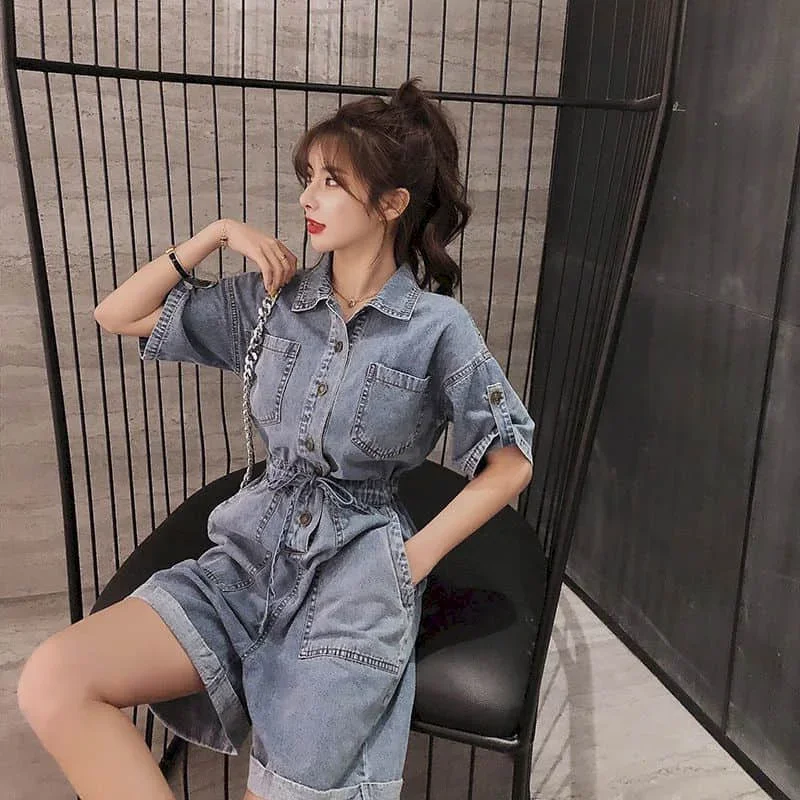 Pop Denim Jumpsuits Women Half Sleeve Loose Oversized Casual Tops One Piece Outfit Women Playsuits Overalls For Women Denim Shor