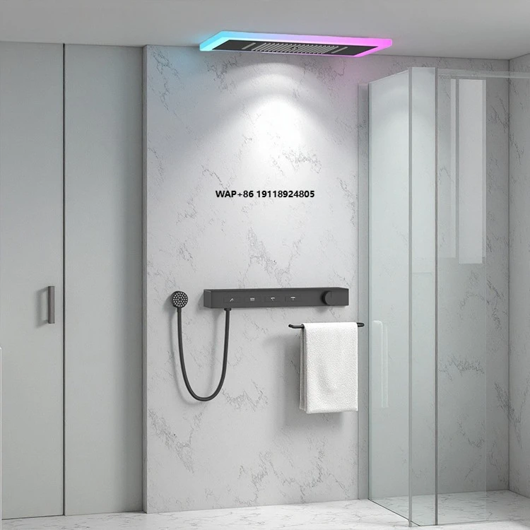 Modern  Grey Ceiling-Mounted Shower Head LED Light Single Handle Rain Pause Spray Patterns Bathroom Wall-Mounted Shower Set