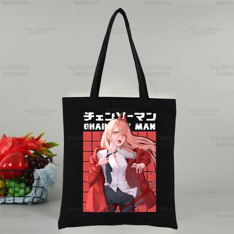 

Chainsaw Man Black Reusable Shopping Bag Women Canvas Pochita Tote Bags Makima Eco Bag Japanese Anime Denji Shoulder Bags