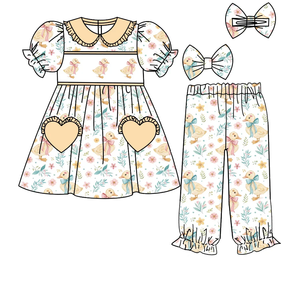 Easter girl series short-sleeved trousers duck bow bunny egg print girls pajamas set boutique children's set