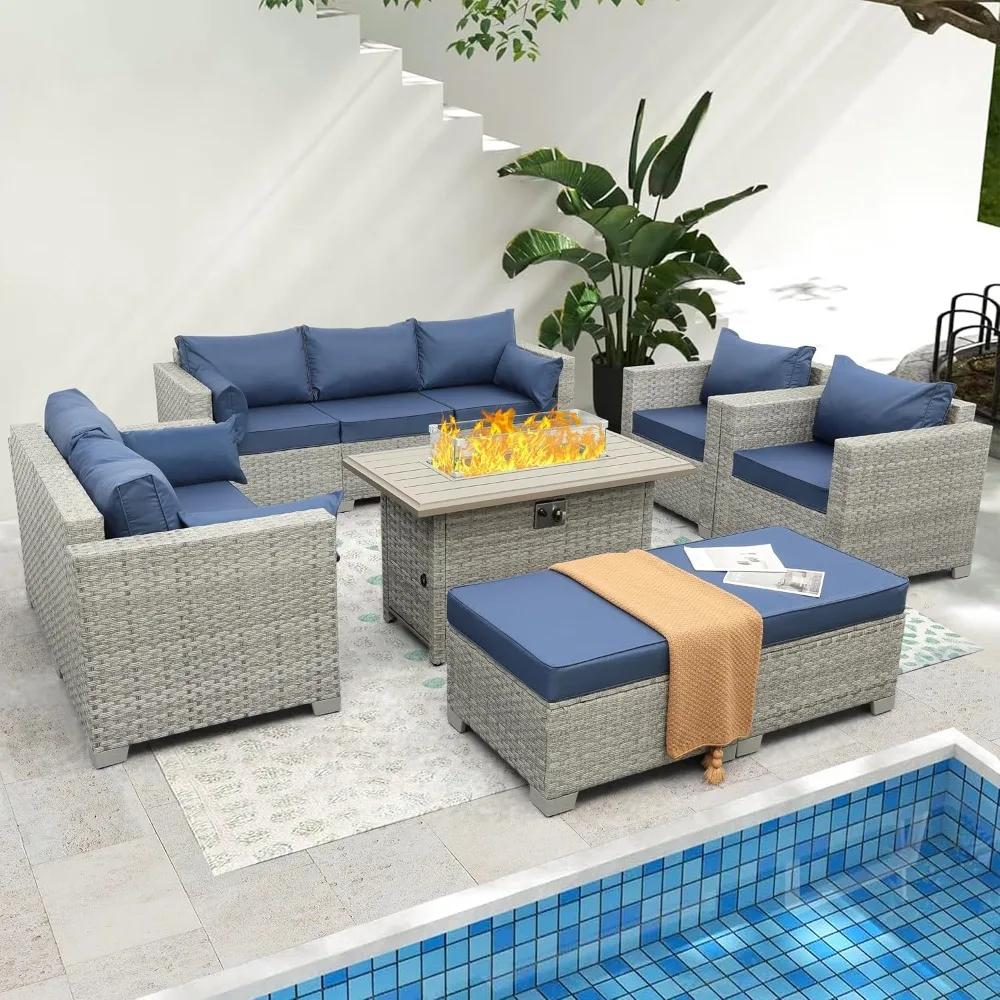 7-piece outdoor segmented sofa PE rattan conversation chair with propane fire pit table and anti slip thick blue cushion