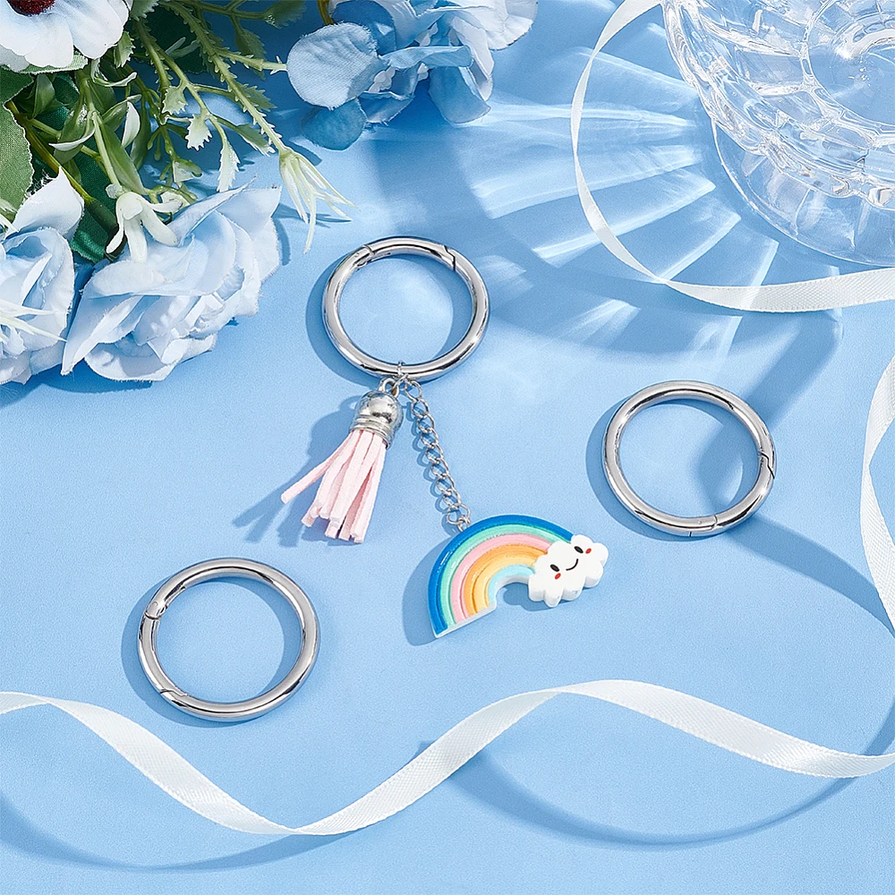 3pcs Spring Gate Rings Stainless Steel Spring Snap Clip Hooks Trigger Carabiner Clips Round O Rings Metal Keyring Buckle Clasps
