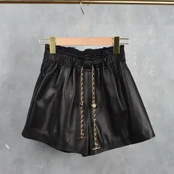 Women Genuine Leather Shorts Sheep Skin Elastic Waist Real Leather Pants Female Wide Leg Pants Y3651