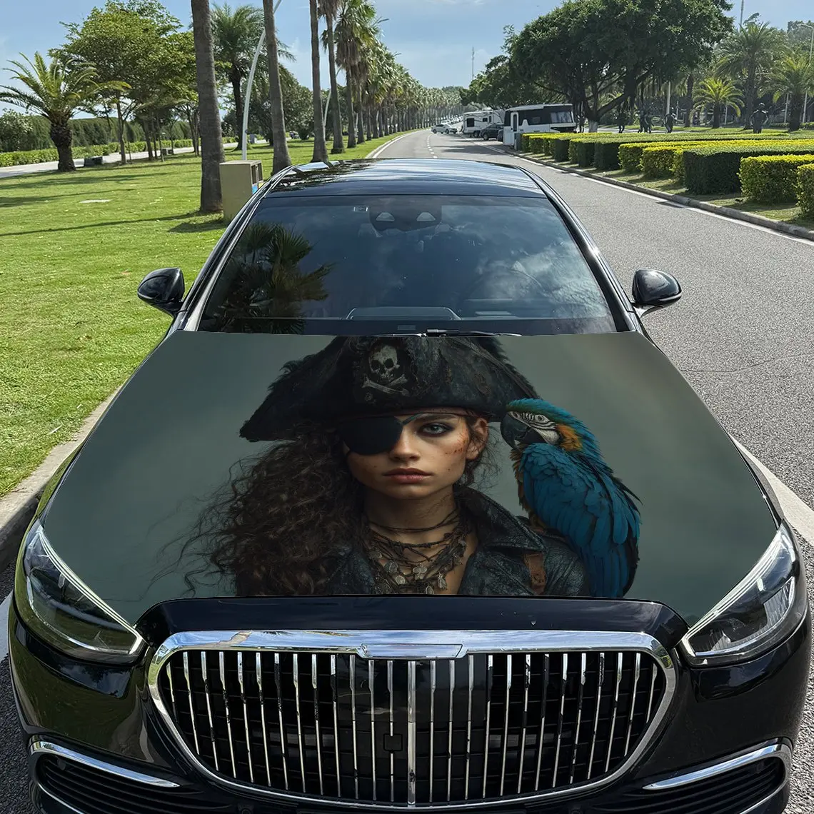 

Cool Female Pirate Car Vinyl Wrap, PVC Waterproof Car Hood Sticker, Self-Adhesive Scratch-Resistant Stickers for Engine Cover, C