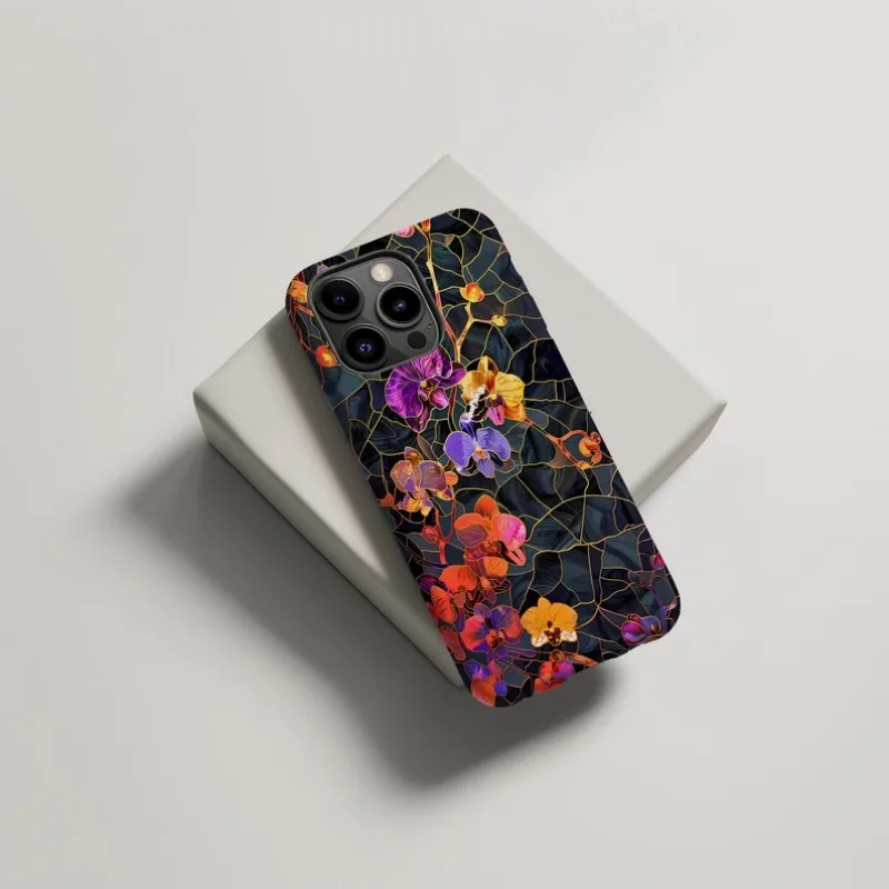 Stained Floral Glass Phone Case for iPhone 16 15 14 13 12 11 Pro Max Plus Luxury Magnetic Double-layer Back Cover