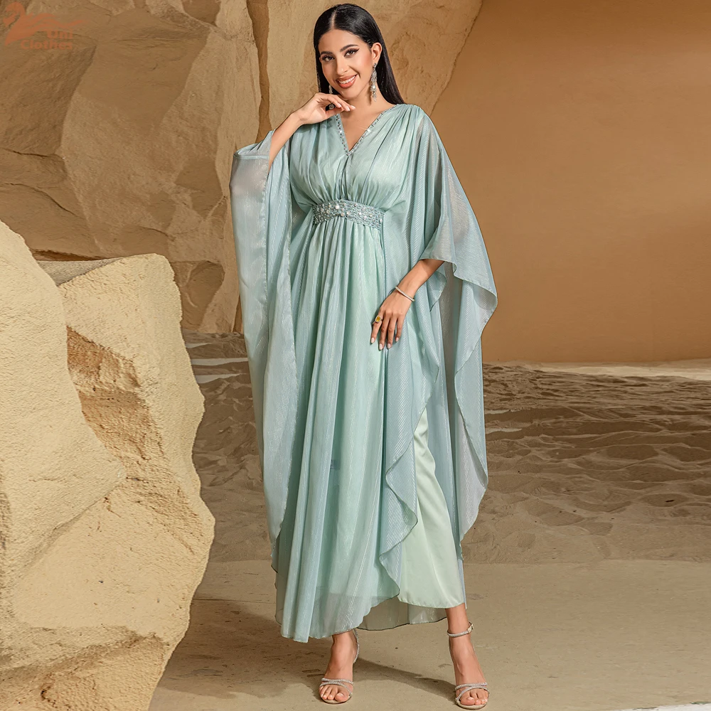 

Ramadan Eid Abaya Dubai Batwing Sleeve Muslim Evening Party Dress Islamic Prayer Kaftan for Women Arabic Clothing
