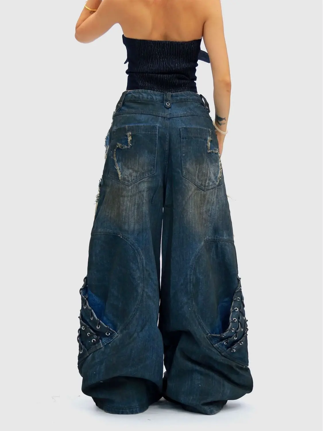 American Patchwork Denim Wide-leg Pants Frayed Edges Straps Workwear Ripped Jeans Alternative Harajuku Fashion Streetwear Blue