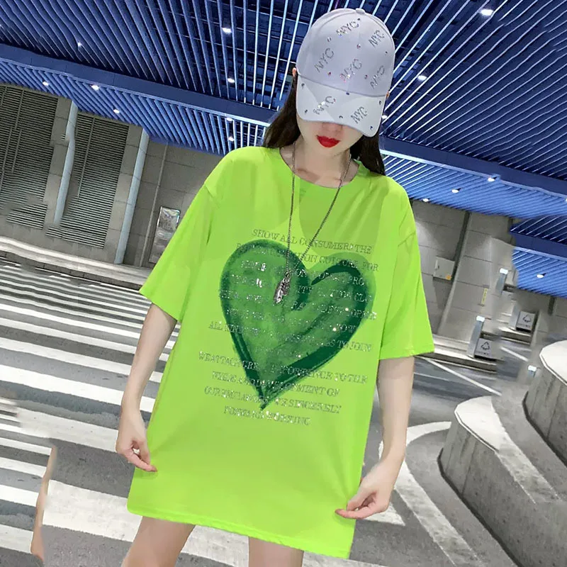 fluorescent green Fashion Women\'s T-shirt For Summer Short Sleeve Pulovers Loose Casual hot drill Cotton Tops T Shirt 4XL 150KG