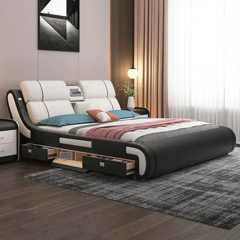 

!@Multi Functional Storage Massage Bed Home Fabric Leather Bed with Smart Beds Bedroom Furniture