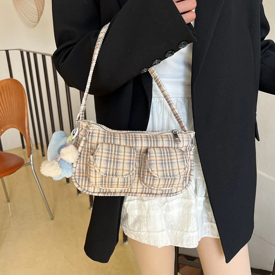 

Korean Retro Striped Armpit Bag Designer Trendy Plaid Shoulder Bag Casual Multi Pocket Women Handbag Girls