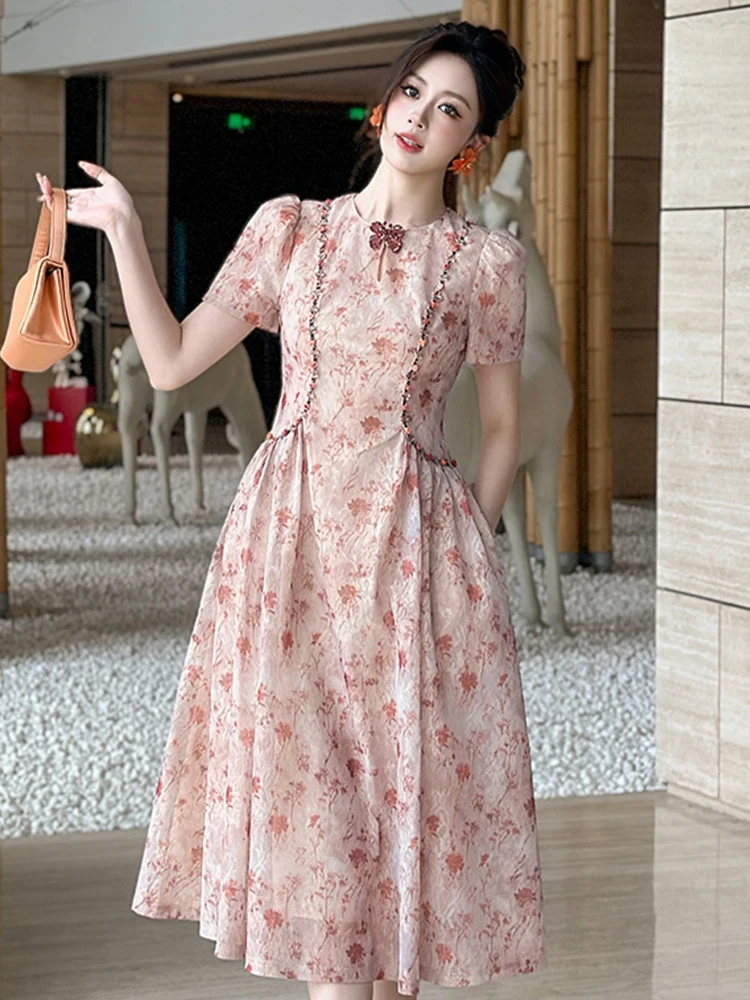 Letnia damska sukienka midi w stylu retro z kwiatowym nadrukiem, elegancka, z kokardą, bufiastymi rękawami, dopasowana, na imprezę, bal, vestidos, odzież damska, nowa