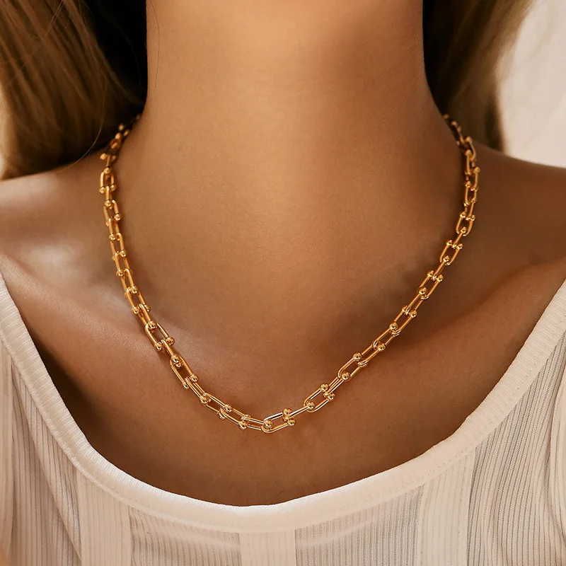 

Trend Cuban Clavicle Chain Vintage 18k Gold Plated Chunky Horseshoe Chain Choker Necklace For Women Waterproof Jewelry