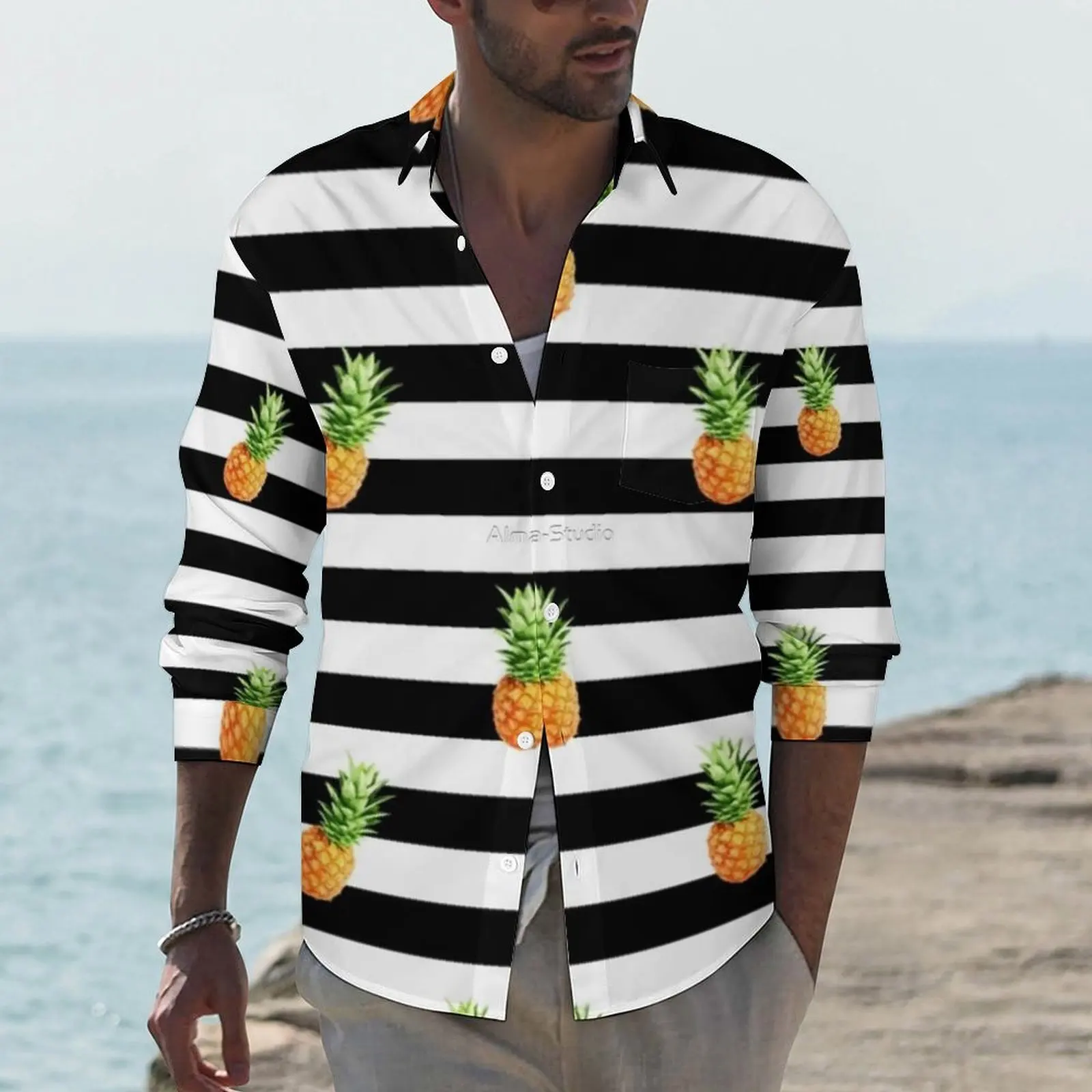 

Cute Pineapple Casual Shirts Men Black Stripes Print Shirt Long Sleeve Cool Streetwear Blouses Autumn Pattern Clothes Plus Size