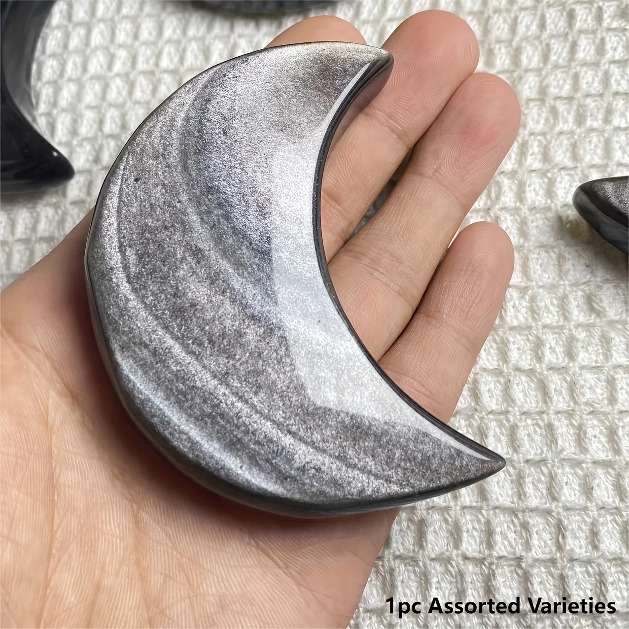1pc Silvery Obsidian Moon Shape | Natural Obsidian Moon Carving Craft for Meditation, Office Home Atmosphere Decoration