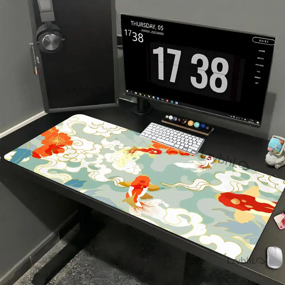 

Japanese Mousepad Koi Desk mat Minimal Japan Mousepad Gold Blue Anime Aesthetics XXL Gaming Deskmat Nature Large Mouse Pad 90x40