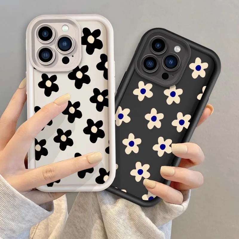 

Black white flower design For Apple iPhone 16 15 14 13 12 11 Pro Max Plus Eye Ladder Soft TPU Silicone Cover Phone Case