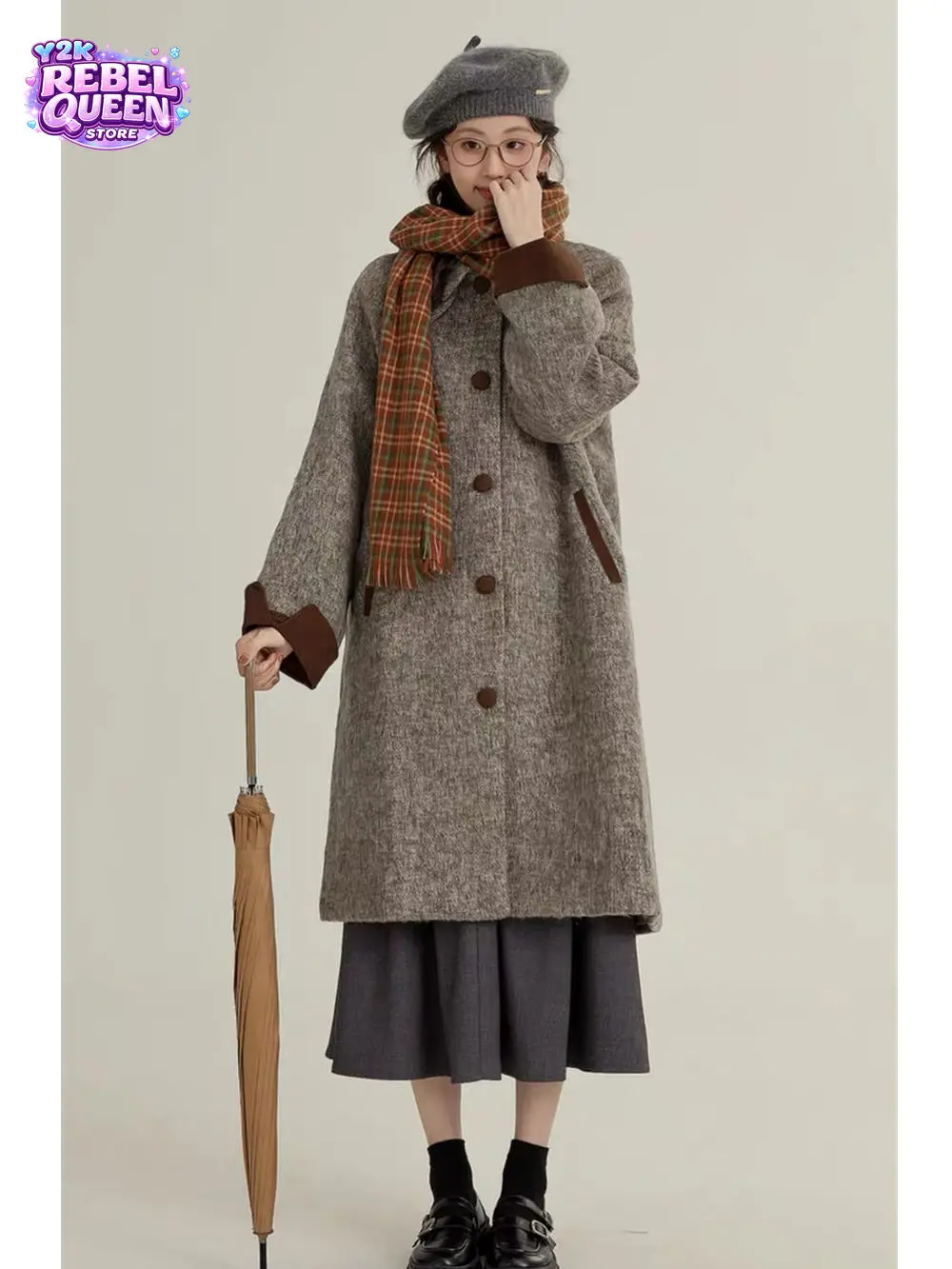 Petite Korean Elegant Vintage Wool Coat Women's Stand Collar Contrast Cuff Button Pockets Loose Fit Thick Warm Winter Casual