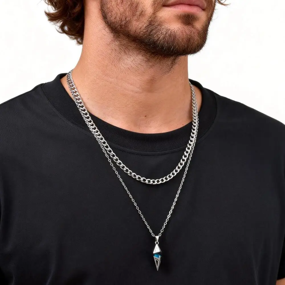 Blue Stone Geometry Layering Necklaces for Men,Hip Hop Stainless Steel Chain Neacklace,Valentine's Birthday Party Gift