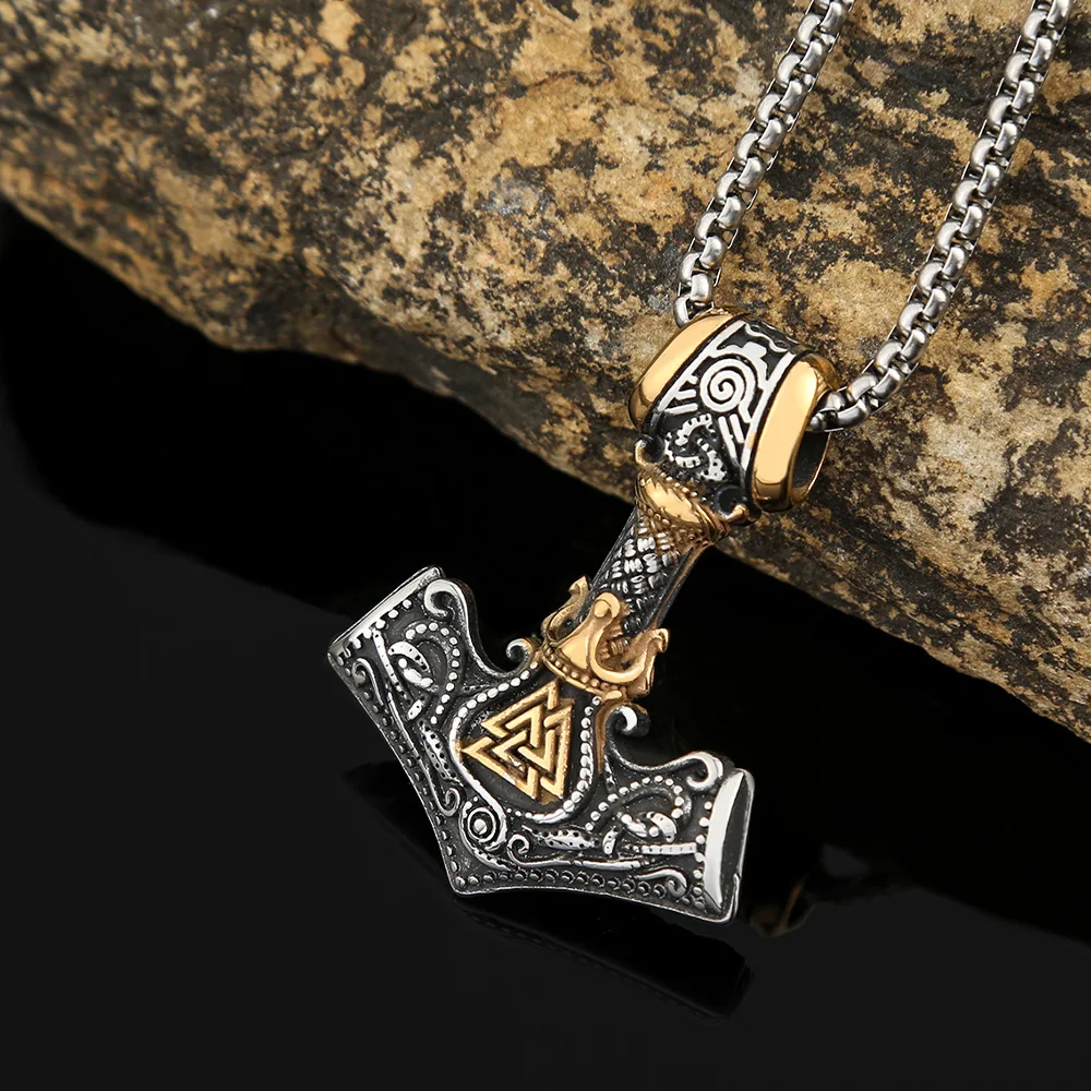 Stainless Steel Retro Medieval Warhammer Pendant Nordic Rune Hammer Necklace Men's Gift Fashion Scandinavian Jewelry Accessories