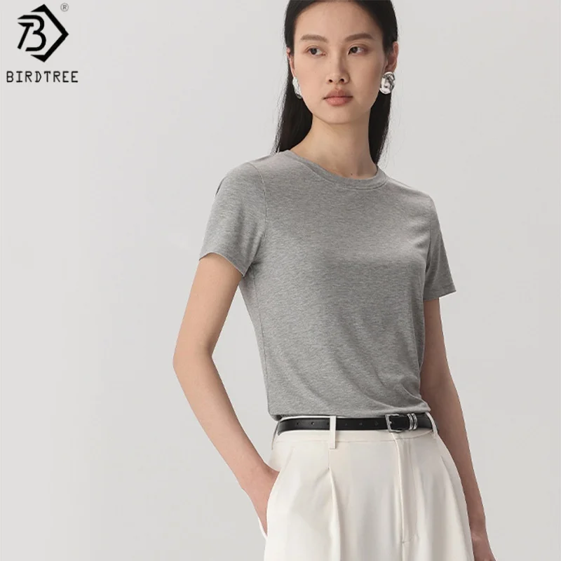 

Birdtree 6% Mulberry Silk 83.5% Viscose T-shirt,Women O-neck Solid Color Short Sleeve Loose Shirt Blouse Top,2025 New T57825JF
