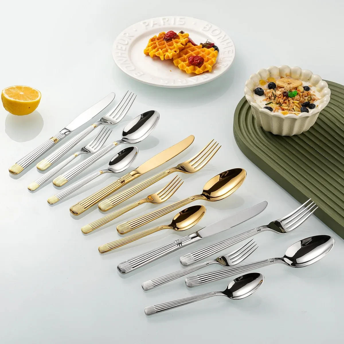 Luxury Stainless Steel Cutlery Set Silver, Creativity Gift Set, Flatware Partial Gold 304, 24Pcs, Europe Fashion, Drop Shipping