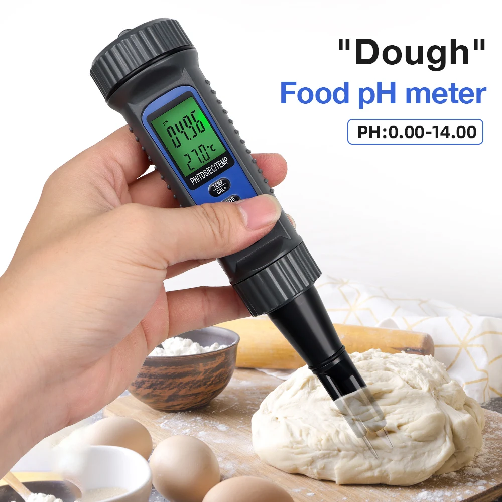 Digital Food PH Meter 0-14pH Acidimeter 4 in 1 PH TDS EC Temp Detector Pointed End Food Tester for Meat Dough Fruit Cheese Soil
