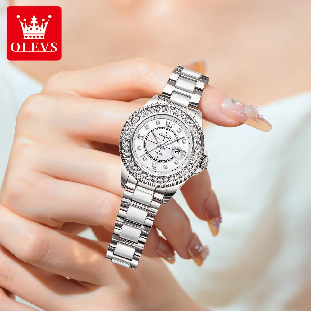 OLEVS Original Fashion Watch For Women Elegant Watch Quartz Wristwatches Lady Luxury Watch Waterproof Full White Stainless Steel