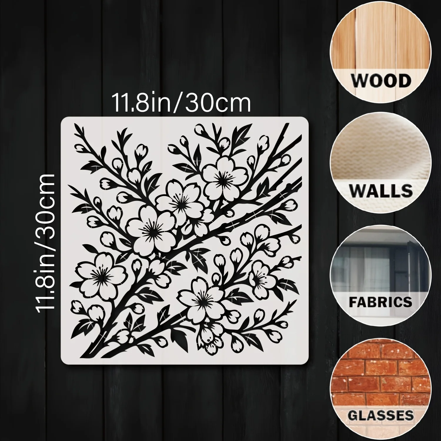 A Reusable, Washable Floral Stencil Template Featuring Cherry Blossom Branches, Measuring 11.8 by 11.8 Inches, Suitable for Deco