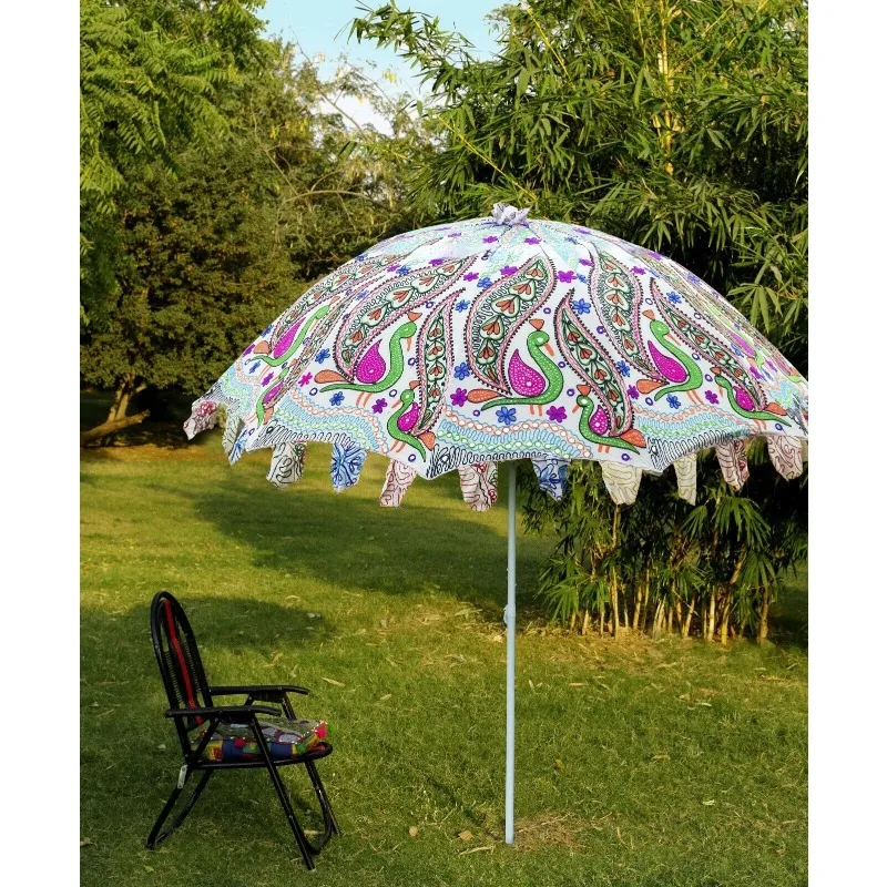 Sombrilla de jardella indio, sombrilla bordada de pavo real para exteriores, Patio, 72"