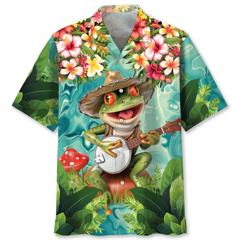 

Забавная гавайская рубашка с рисунком лягушки для мужчин, рубашки Aloha с 3D принтом животных и леопарда, повседневная уличная одежда, блузка с короткими рукавами, топы Y2k